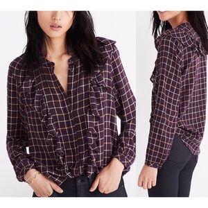 Madewell Purple Plaid Ruffle Wool Blouse Top Preppy Academia Victorian Medium
